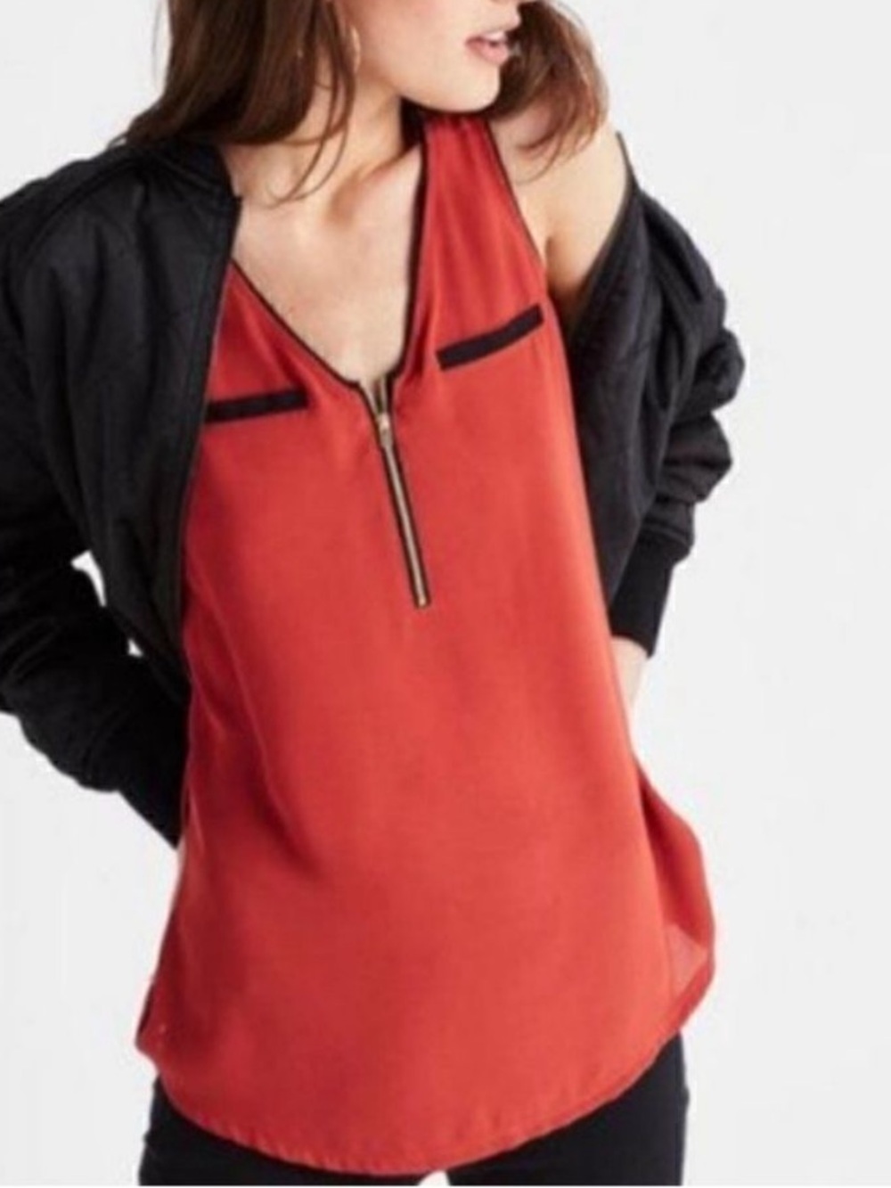 Express Piped Hudson Zipper V Neck Tank Top Blouse - Red